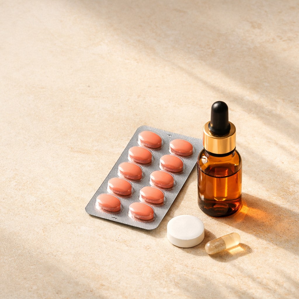 Oral GLP-1 medications arranged on a warm stone surface — blister pack of pills, dropper bottle, sublingual lozenge, and capsule